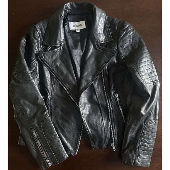 BB Dakota Moto Real Leather Jacket Black Asymmetrical Silver Zipper Modern Edgy - Picture 9 of 15